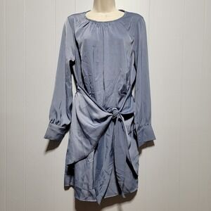 Fashion Slate Blue Satin Front Tie Knot Long Sleeve Mini Dress Womens Medium